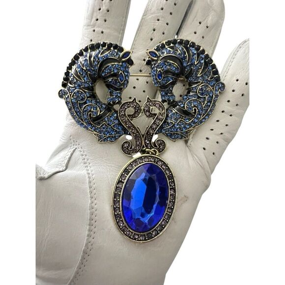 old money glam retro large‎ 4'' double Horse rhinestone State pin brooch 4 x 3'' - Picture 10 of 13